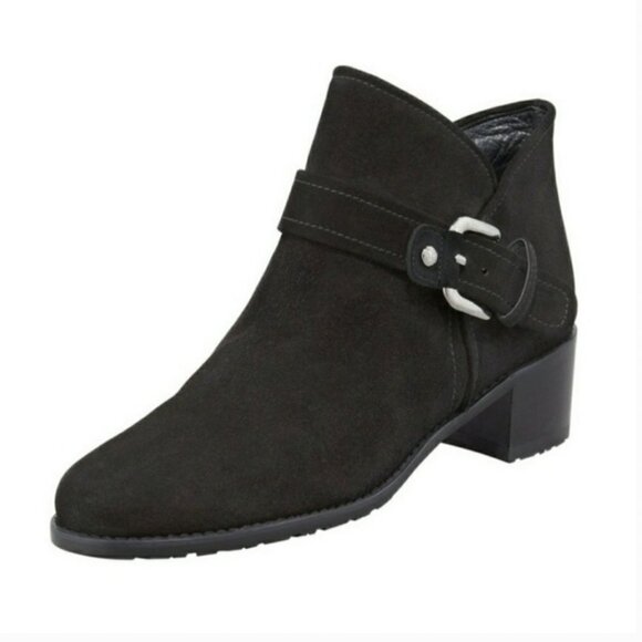 Stuart Weitzman Black Suede Buckle Ankle Bootie - Picture 1 of 9